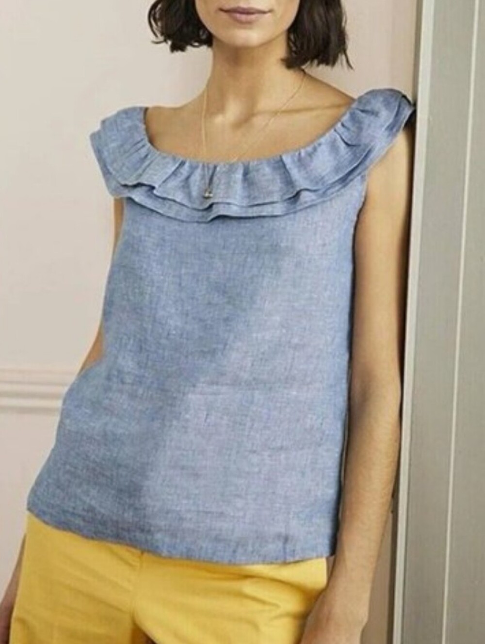 Boden Chambray Blue Sleeveless Ruffle-Trim Linen Top Size 10